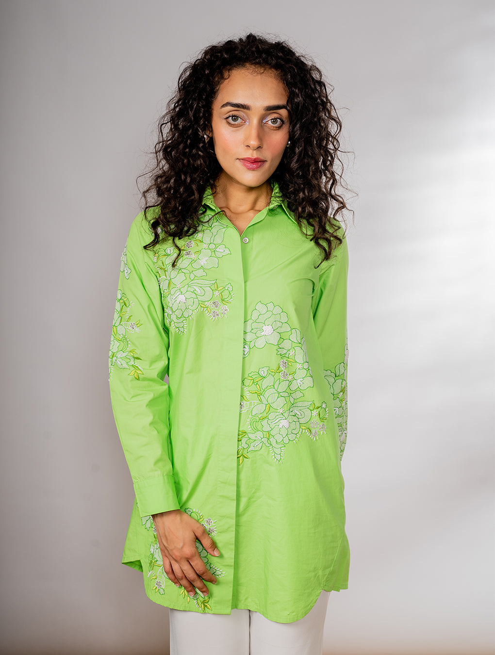 Floral Tone on Tone Embroidered Shirt Dress Tunic