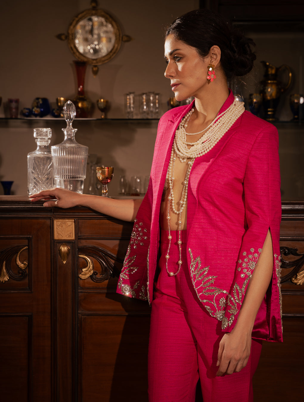 fuschia pink crystal cape with pants