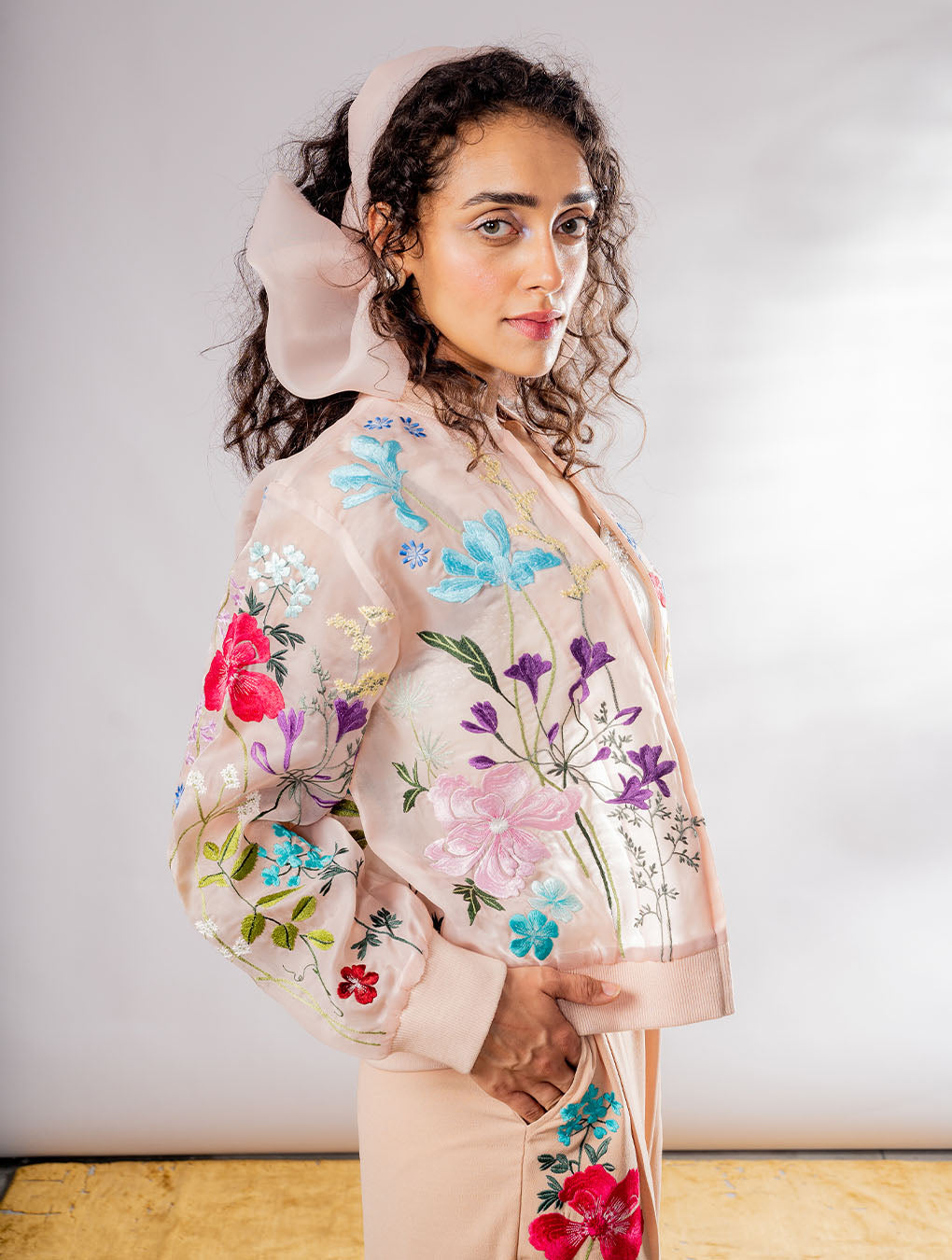 Floral Embroidered Organza Bomber Jacket