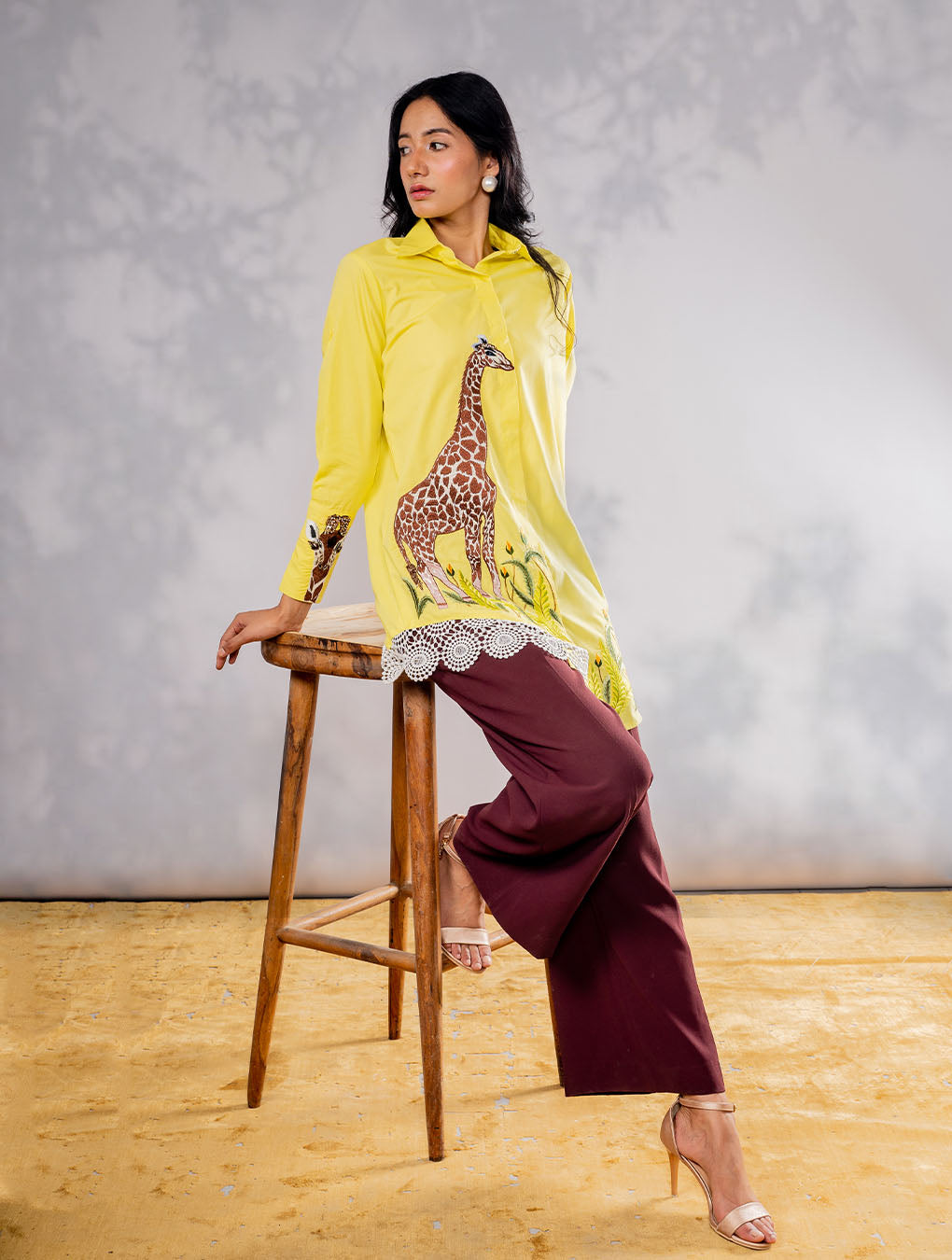 Giraffe embroidered yellow shirt dress