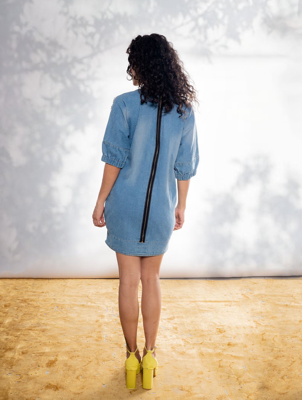 Denim Dress with Bejwelled Stones and Metallic Strip