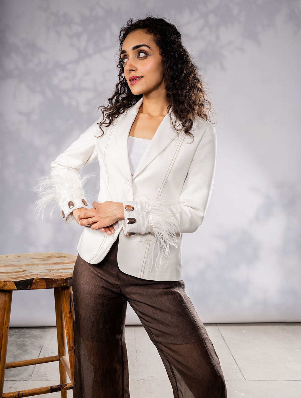 Linen Contrast Stitch Blazer With Detailing on Cuff