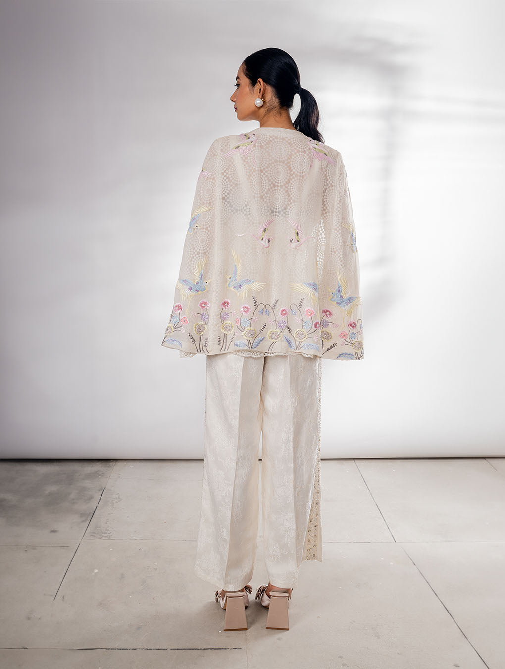 Flying Birds with Floral Embroidered Organza Cape