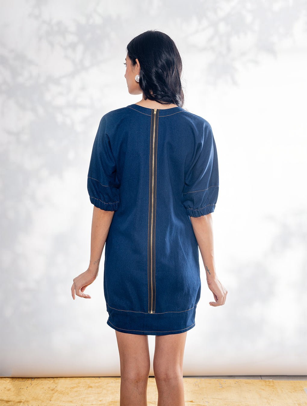 Denim Dress with Bejwelled Stones and Metallic Strip