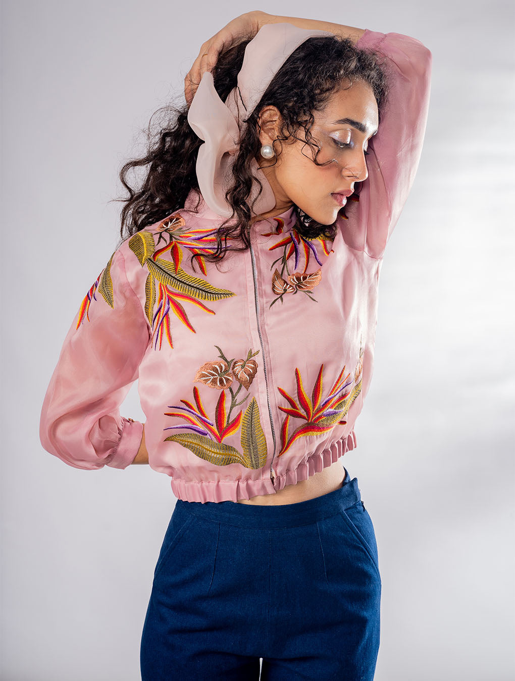 Floral Emberoidered Organza Bomber Jacket