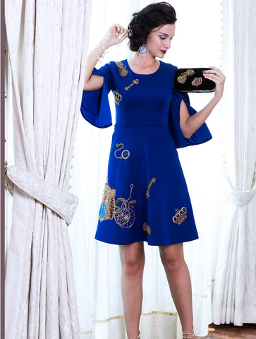 Hand Emberoidred Carriage Dress in Royal Blue Jersey