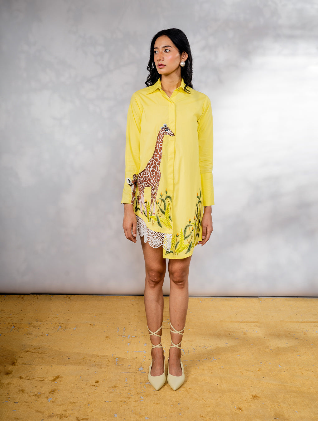 Giraffe embroidered yellow shirt dress