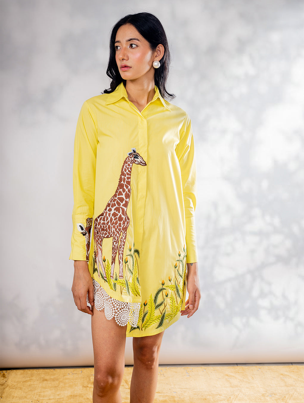 Giraffe embroidered yellow shirt dress