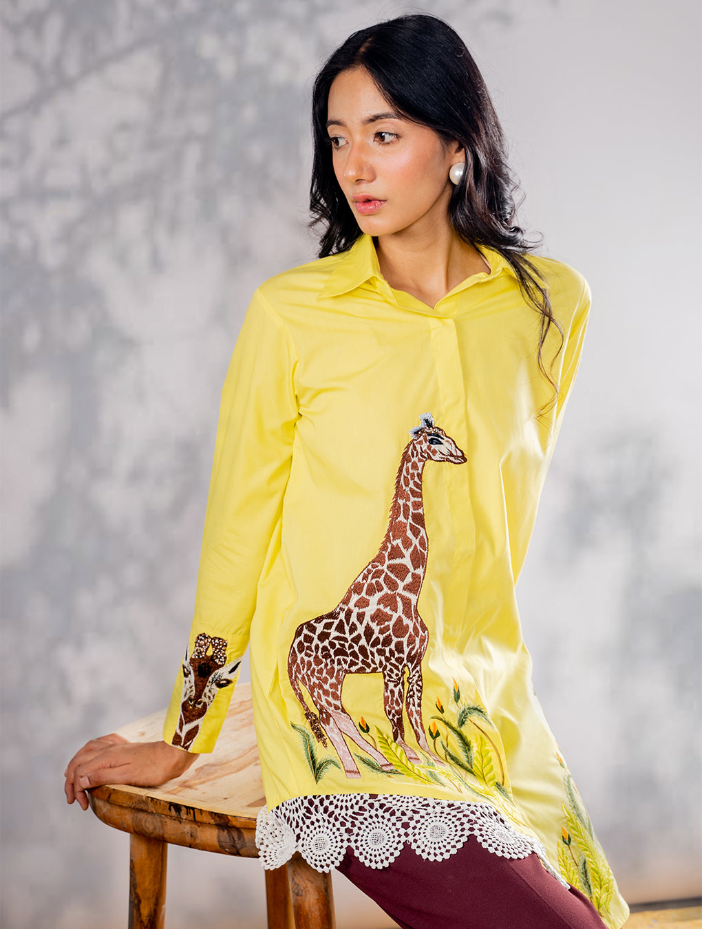 Giraffe embroidered yellow shirt dress