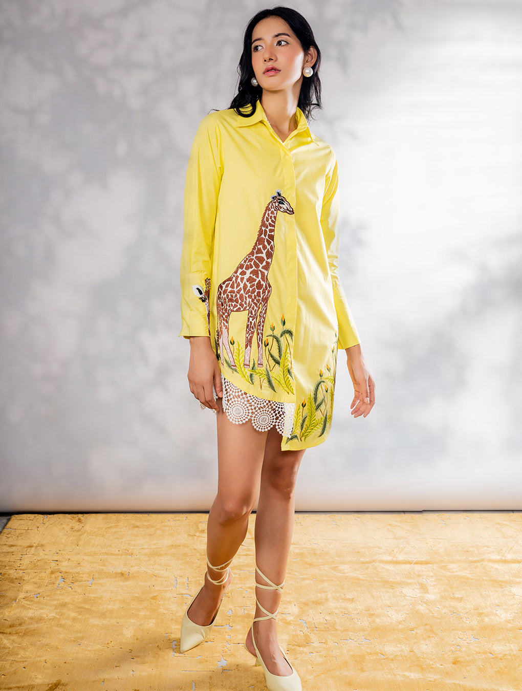 Giraffe embroidered yellow shirt dress