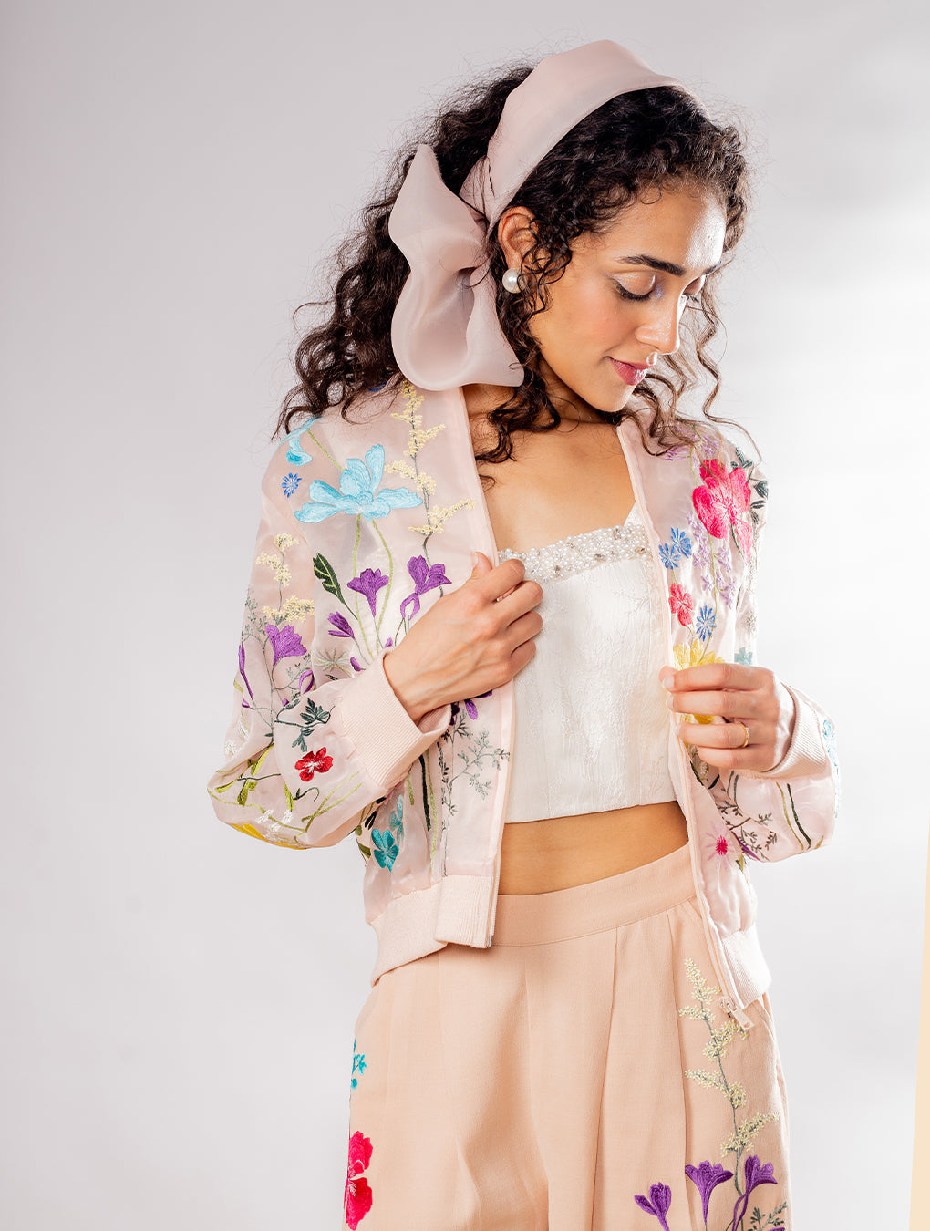 Floral Embroidered Organza Bomber Jacket