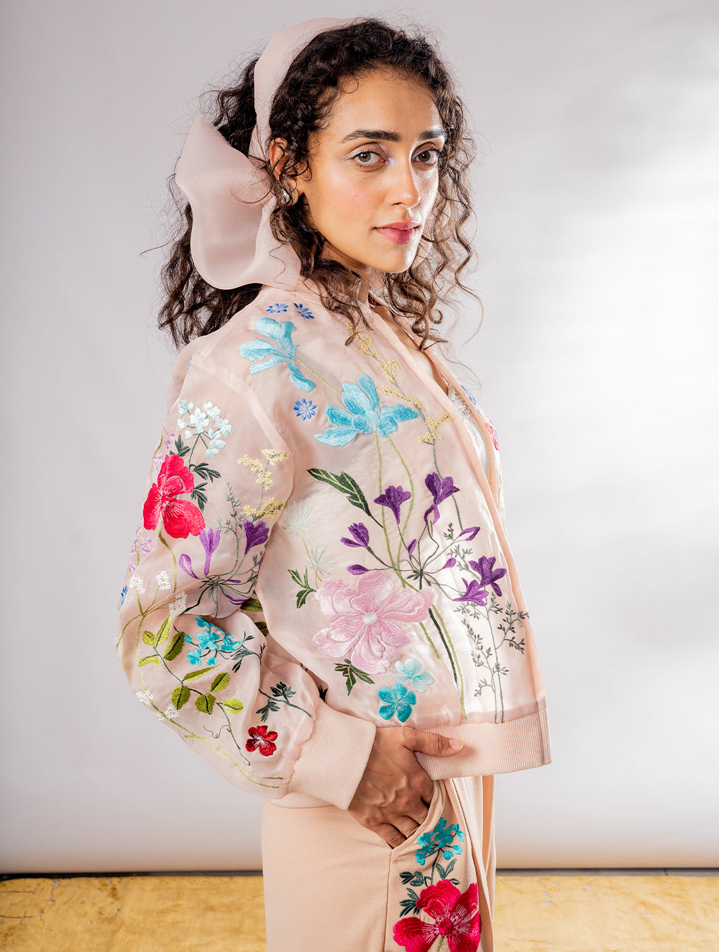 Floral Embroidered Organza Bomber Jacket