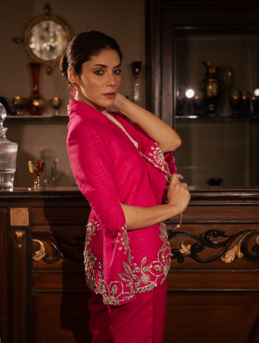 fuschia pink crystal cape with pants