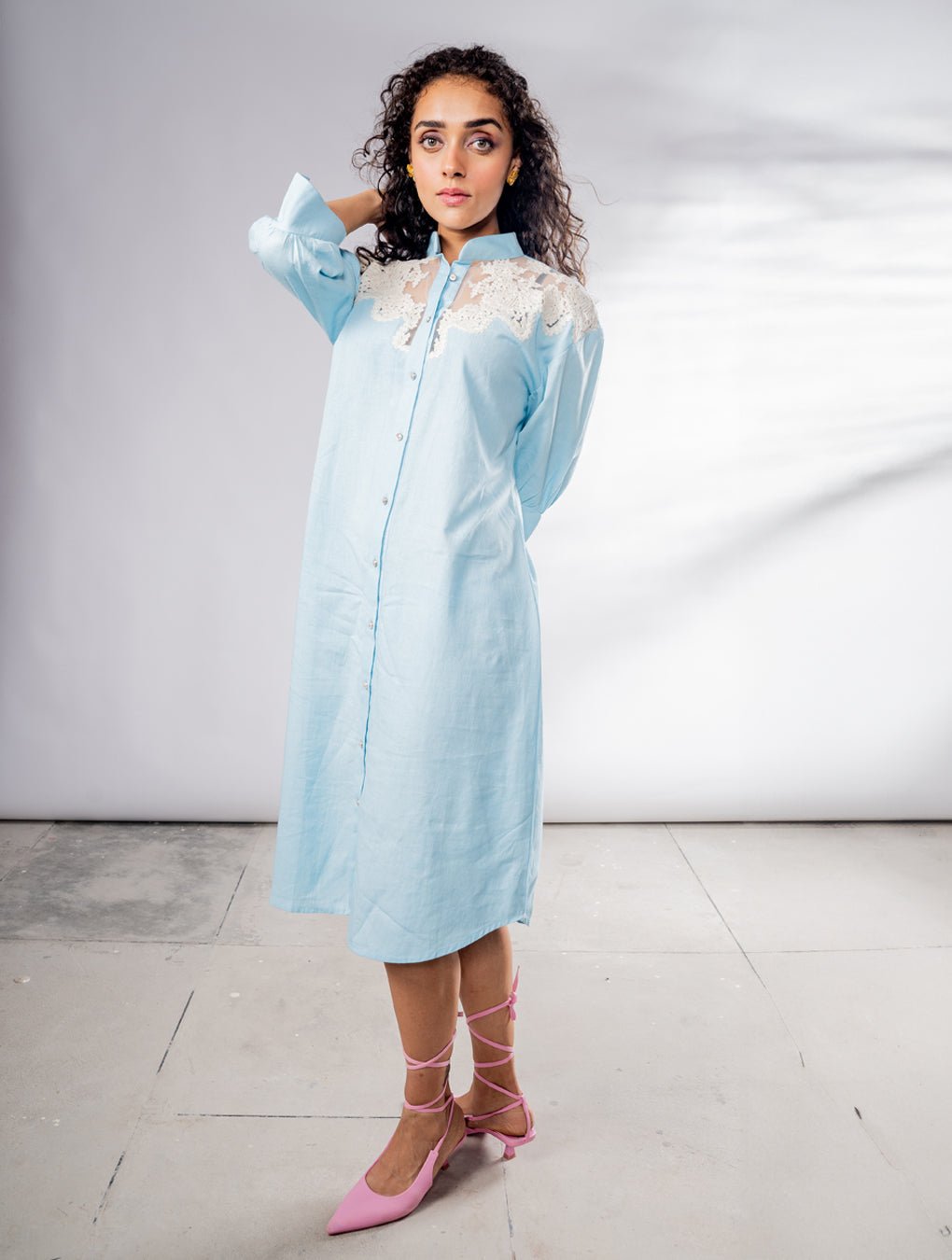 Blue Linen dress  Embroidered