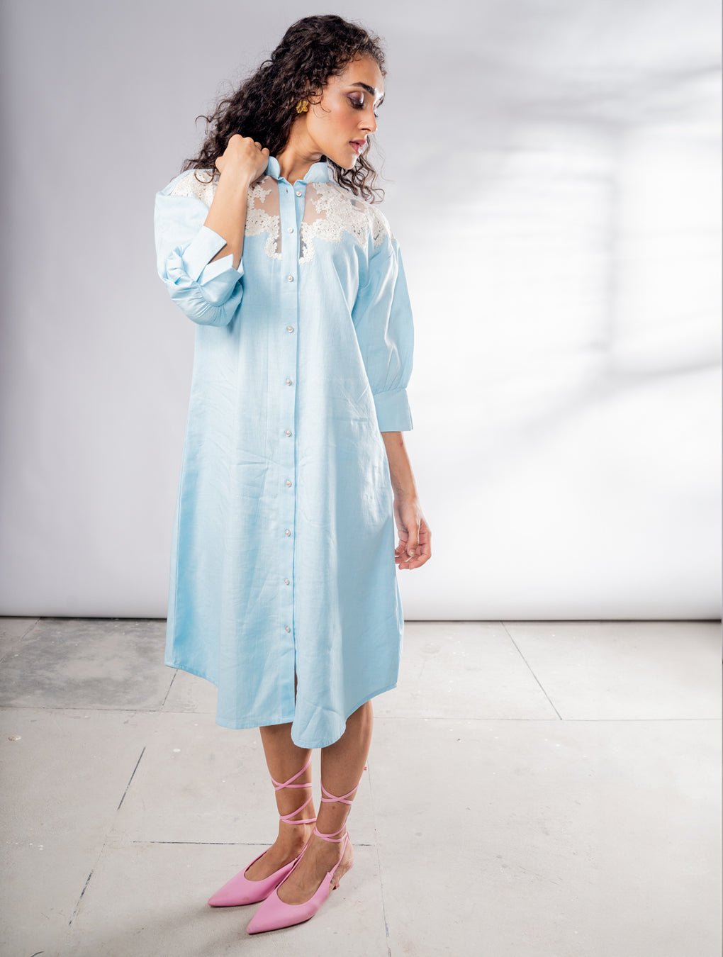 Blue Linen dress  Embroidered