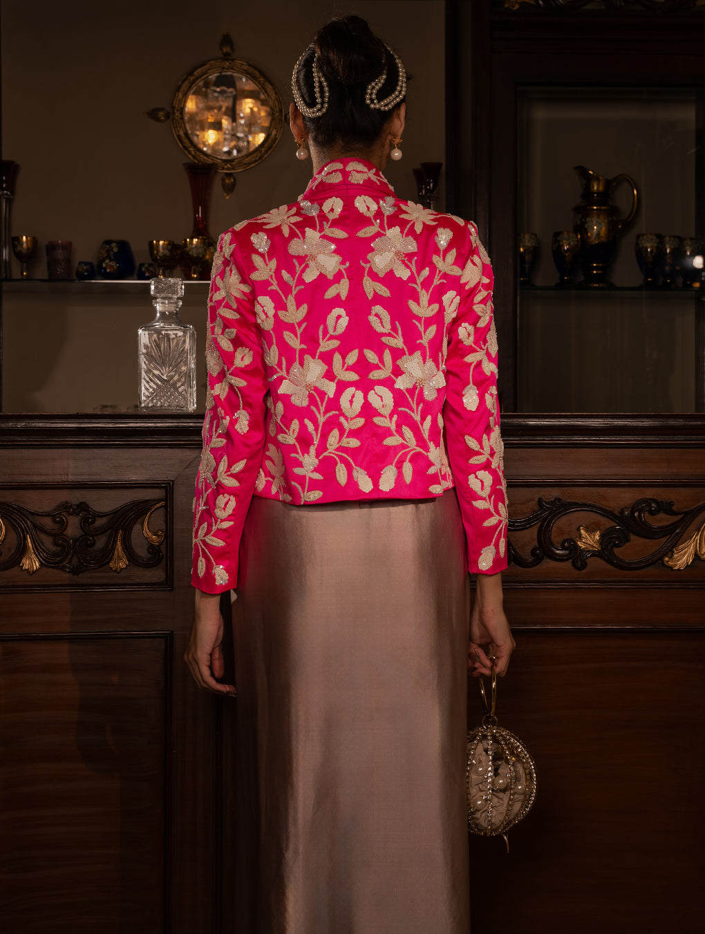 Fuschia pink hand embroidered jacket with salmon color skirt