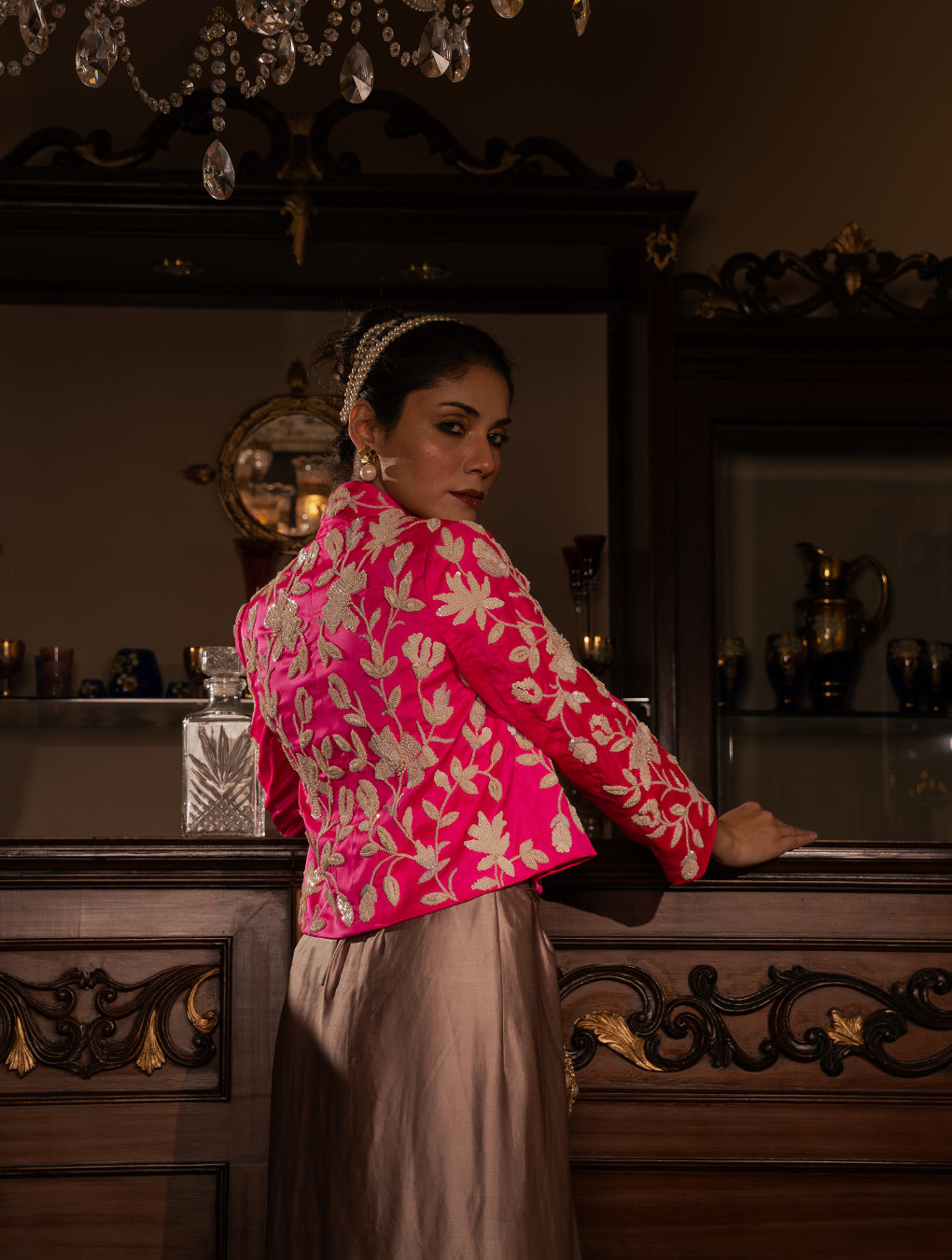 Fuschia pink hand embroidered jacket with salmon color skirt