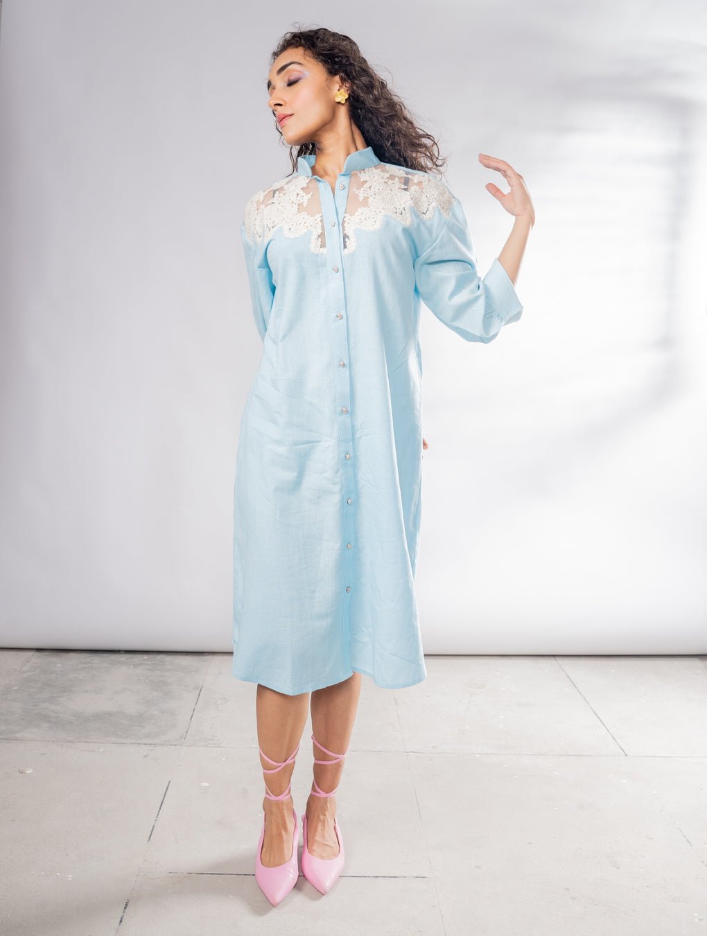 Blue Linen dress  Embroidered